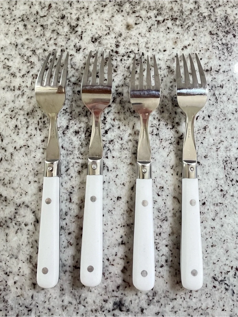 Vintage Carnival White Faux Bone Handle Dinner Forks Set of 4 Stainless Flatware